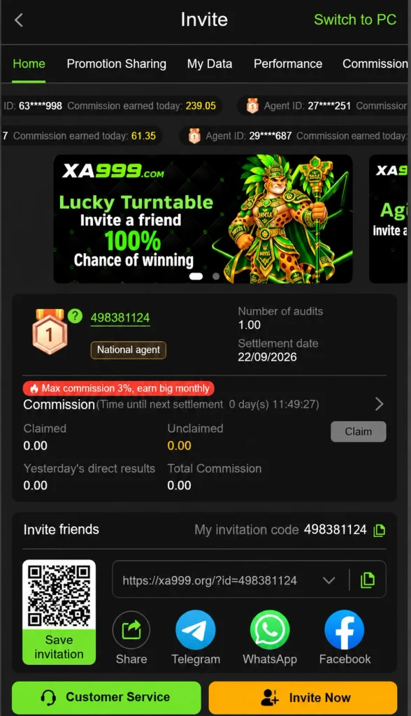 Invite friends and earn real money on XA999 Game guide image.